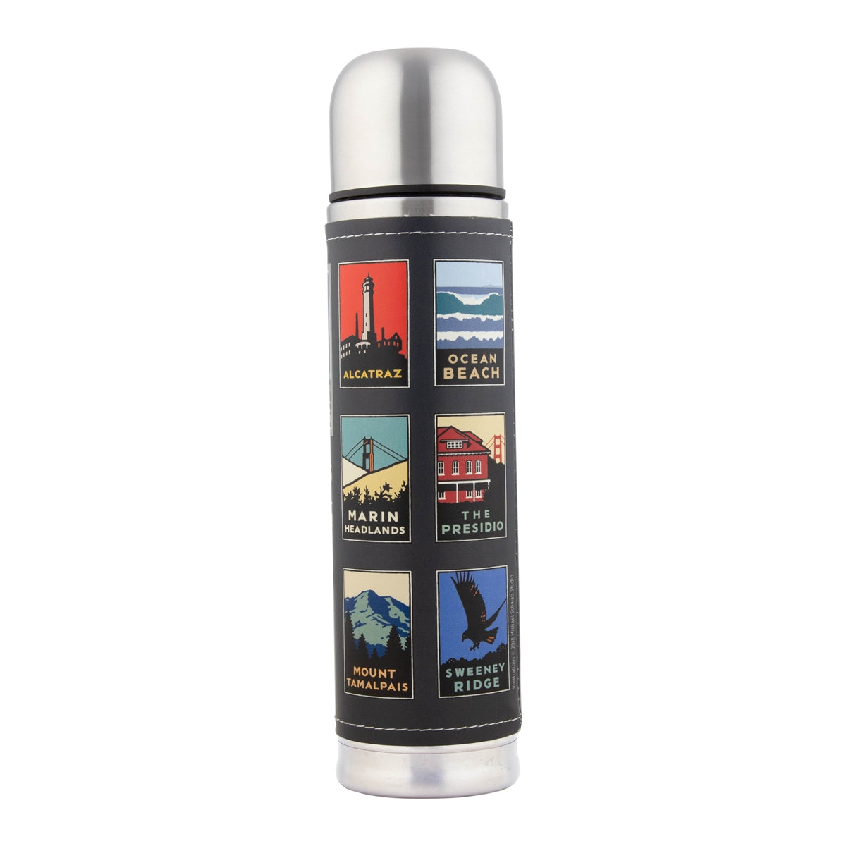 Stainless steel thermos with multicolor printed sleeve, featuring Golden Gate National Parks logos by Michael Schwab.