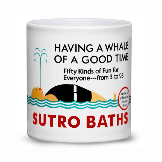 Oversized white mug with multicolor illustration, "Having a Whale of a Good Time" vintage ad for San Franciso's Sutro Baths.