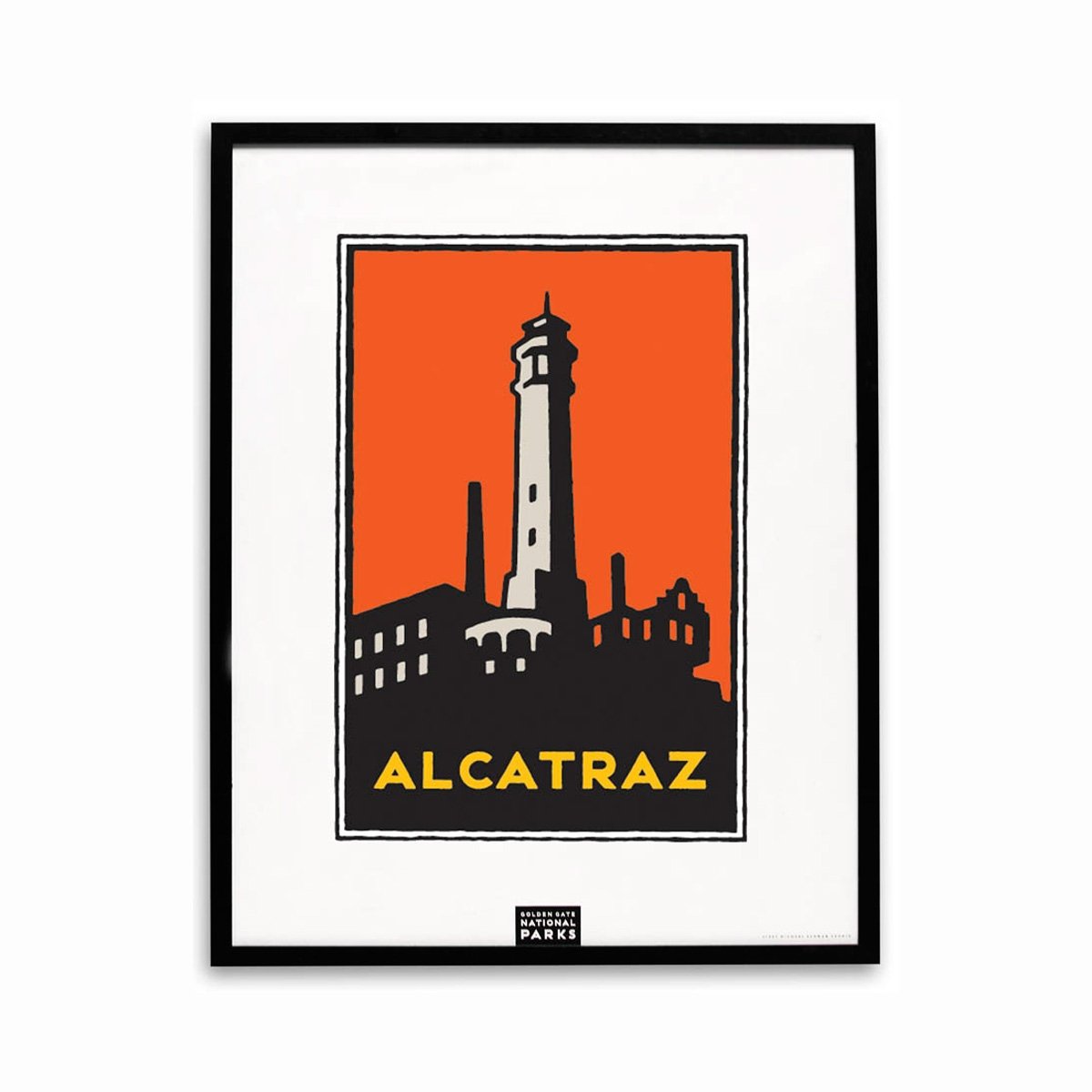 Framed 22 x 28 inch Alcatraz Island silk-screened poster, art by Michael Schwab.