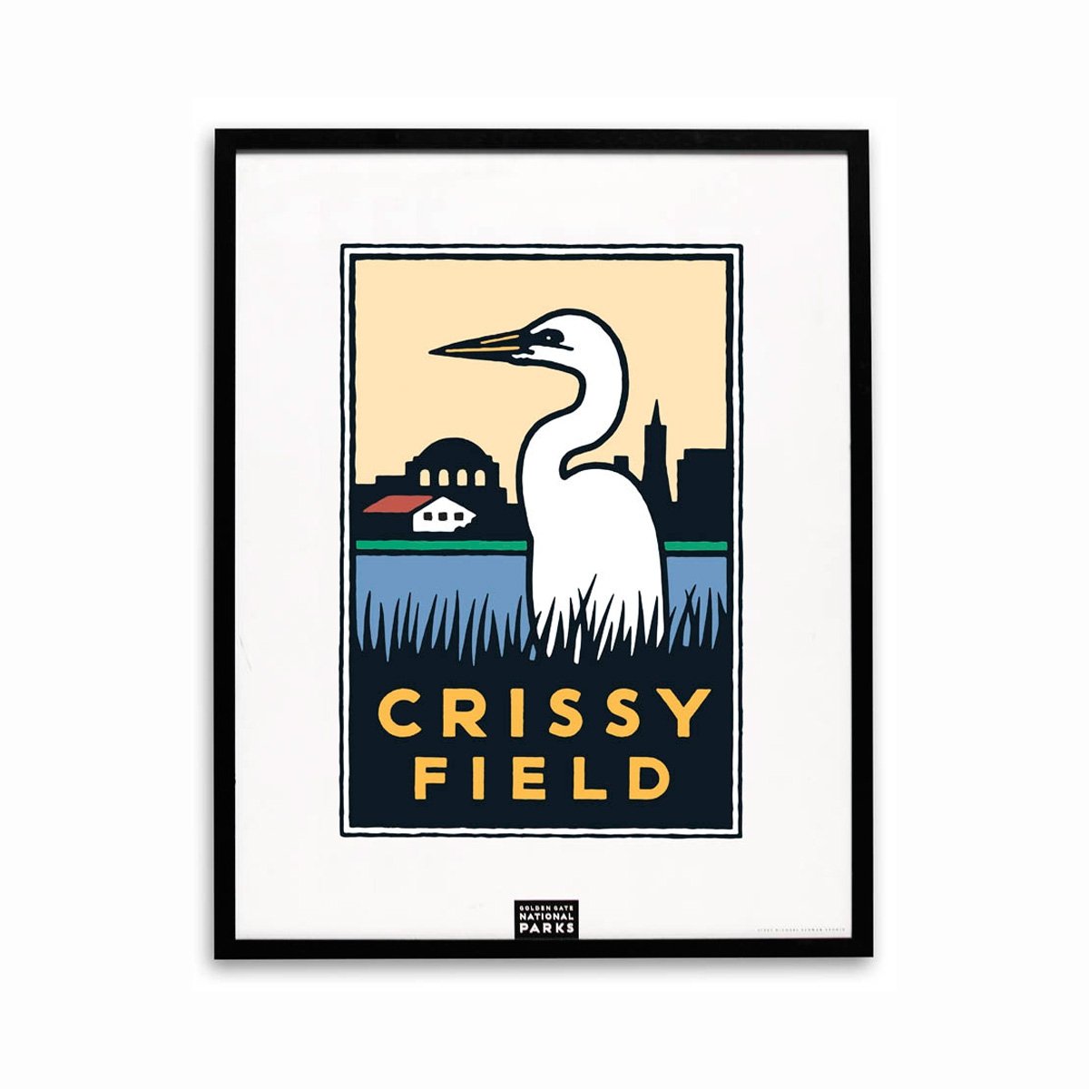 Framed 22 x 28 inch Crissy Field silk-screened poster, art by Michael Schwab.