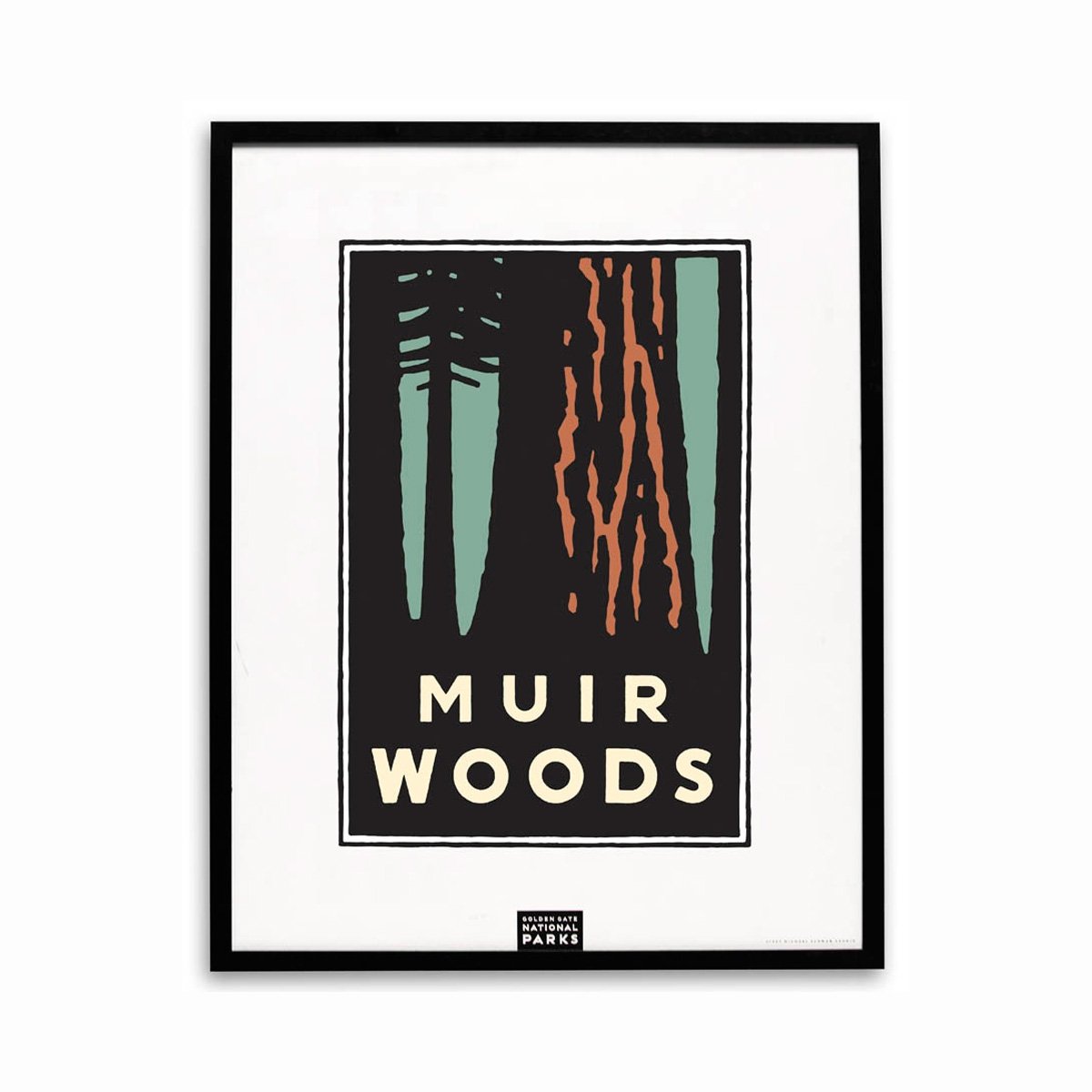 Framed 22 x 28 inch Muir Woods silk-screened poster, art by Michael Schwab.