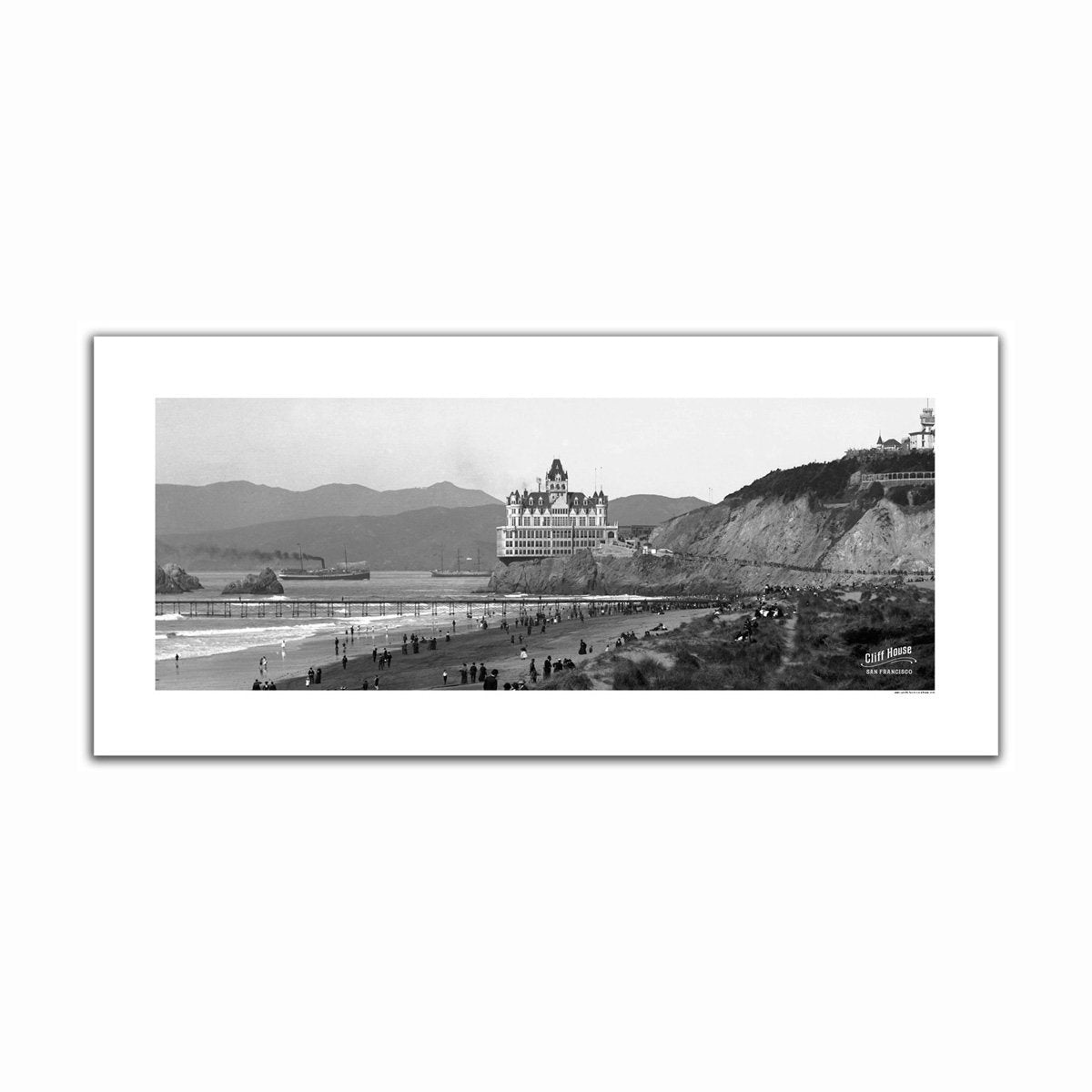 16 x 36 inch panoramic poster of San Francisco's Victorian Cliff House, black-and-white photograph.