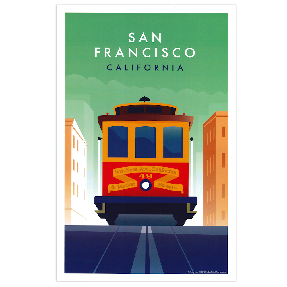 11x17 San Francisco Cable Car print featuring art by Charles House, produced by the Golden Gate National Parks Conservancy. A colorful illustration of the Van Ness cable car.