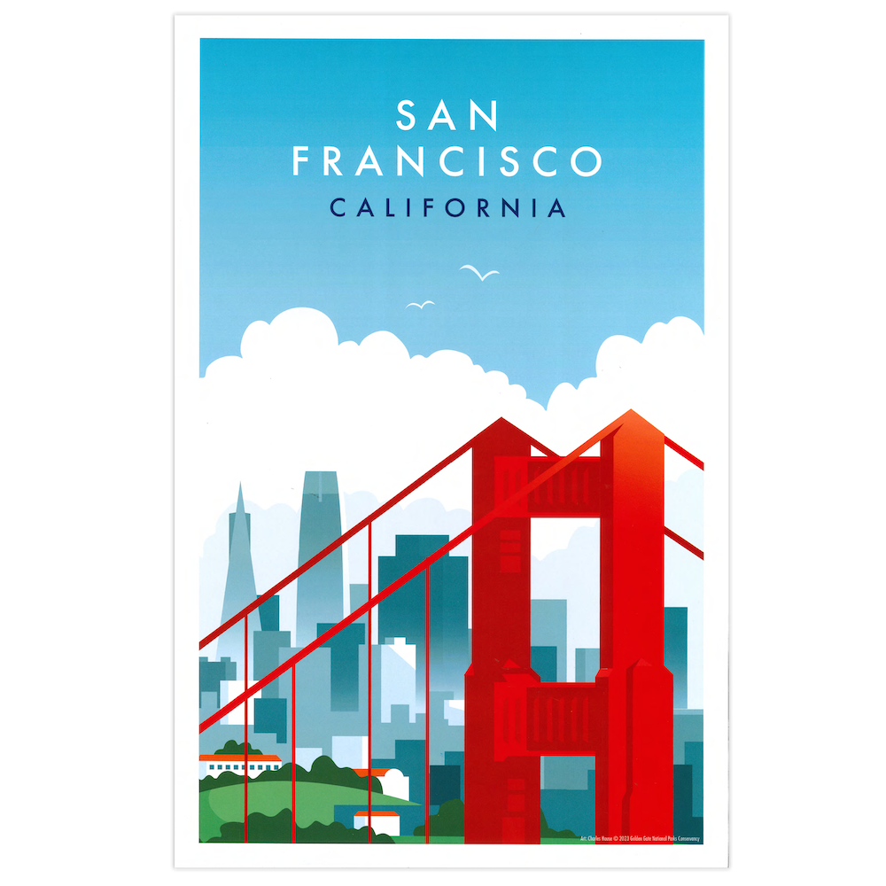 11x17 San Francisco California print featuring art by Charles House, produced by the Golden Gate National Parks Conservancy. A colorful illustration of San Francisco's skyline with the Golden Gate Bridge in the foreground.