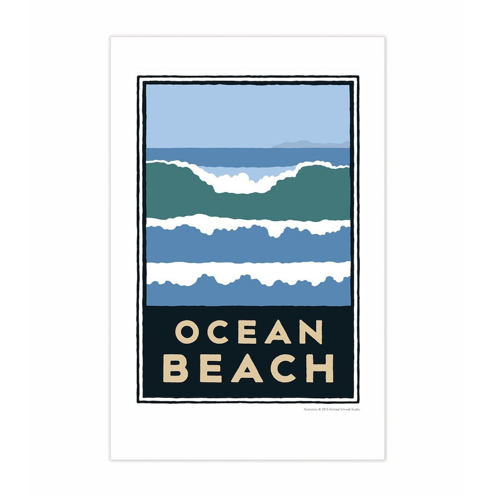 Unframed 11 x 17 inch Ocean Beach art print with illustration of ocean waves. Art by Michael Schwab.