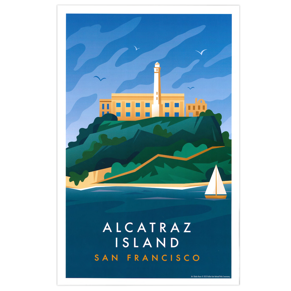 11x17 Alcatraz Island San Francisco print featuring art by Charles House, produced by the Golden Gate National Parks Conservancy. A colorful illustration of the Rock with the waters of San Francisco Bay surrounding.