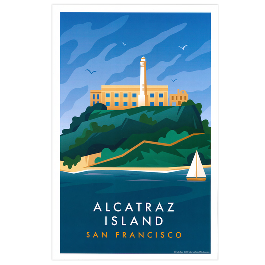 11x17 Alcatraz Island San Francisco print featuring art by Charles House, produced by the Golden Gate National Parks Conservancy. A colorful illustration of the Rock with the waters of San Francisco Bay surrounding.