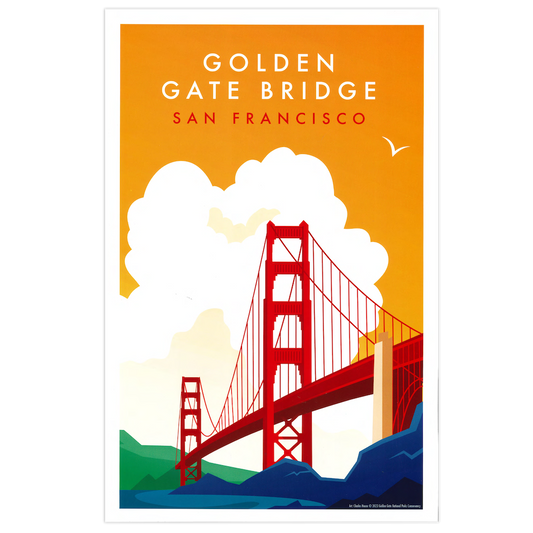 11x17 Golden Gate Bridge San Francisco print featuring art by Charles House, produced by the Golden Gate National Parks Conservancy. A colorful illustration of the Golden Gate Bridge silhouetted against a foggy sky.