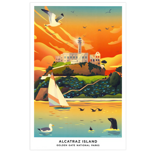 11x17 Alcatraz Island Golden Gate National Parks print featuring art by Charles House, produced by the Golden Gate National Parks Conservancy. A colorful illustration of the Rock with the San Francisco Bay wildlife surrounding.