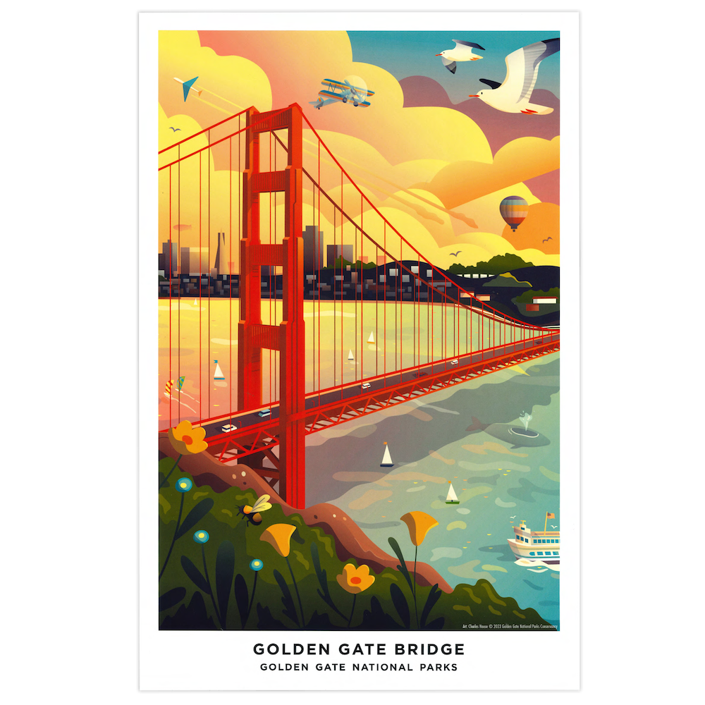 11x17 Golden Gate Bridge San Francisco print featuring art by Charles House, produced by the Golden Gate National Parks Conservancy. A colorful illustration of the Golden Gate Bridge silhouetted against a bustling landscape with seagulls, boats, wildflowers, whales, and more.