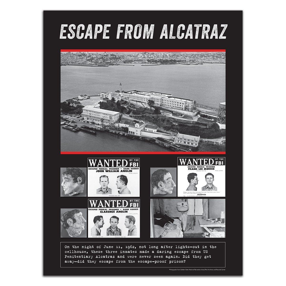 18 x 24 inch 1962 Escape from Alcatraz poster, featuring black-and-white historical photograph of island and inmates.