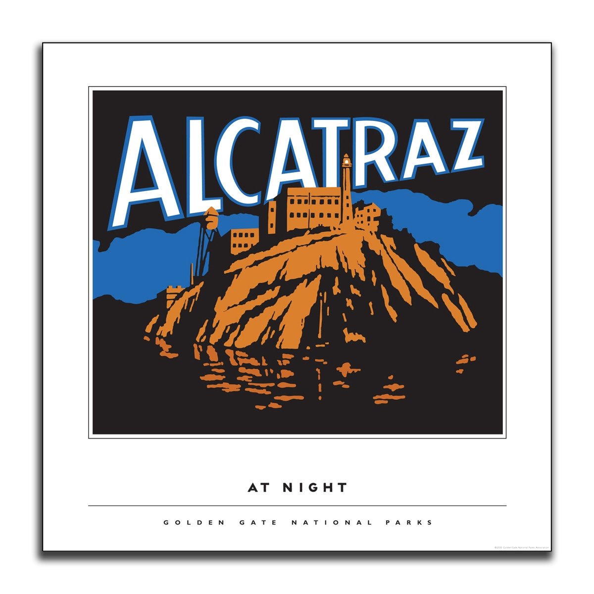 24 x 24.5 inch Alcatraz at Night poster, featuring colorful graphic illustration of notorious former prison.
