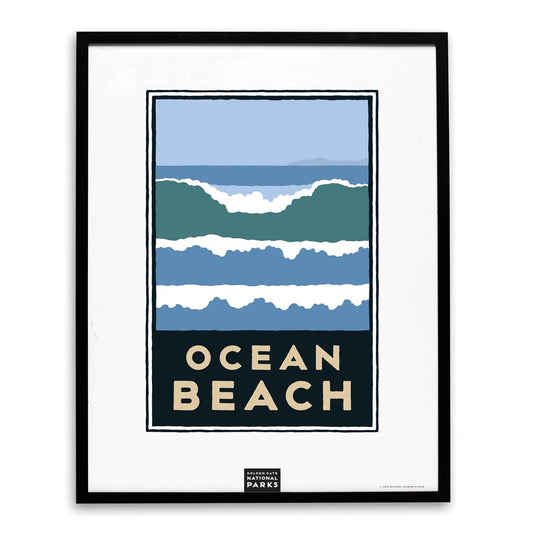 Framed 22 x 28 inch Ocean Beach silk-screened poster, art by Michael Schwab.