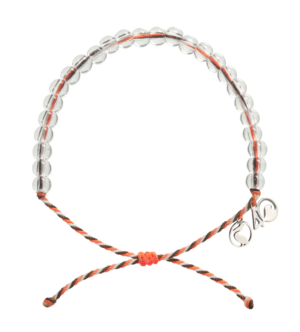 4Ocean Pelican Bracelet, with red recycled plastic cord, colorless recycled glass beads, and recycled steel metal charms.