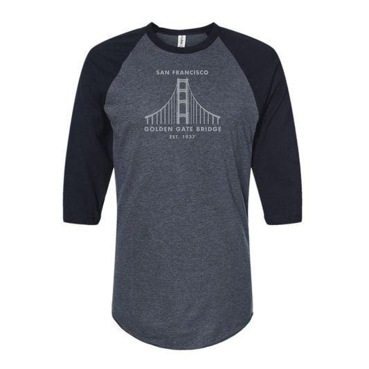Dark blue 3/4 raglan sleeve t-shirt with light grey screen-printed Golden Gate Bridge design on chest.