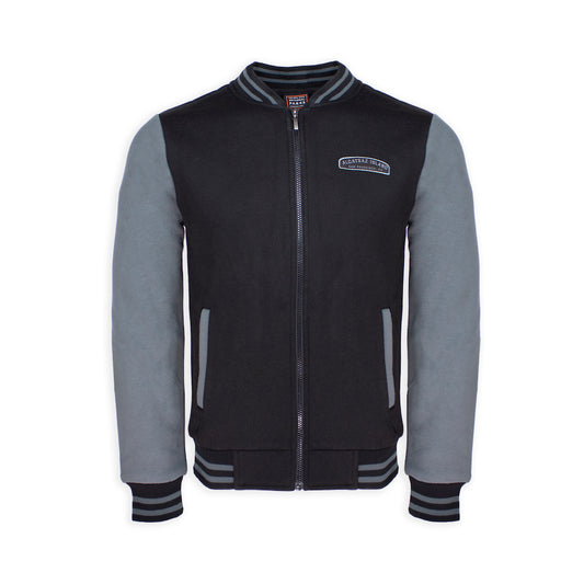 Black varsity style Alcatraz jacket with grey sleeves, by the Golden Gate National Parks Conservancy