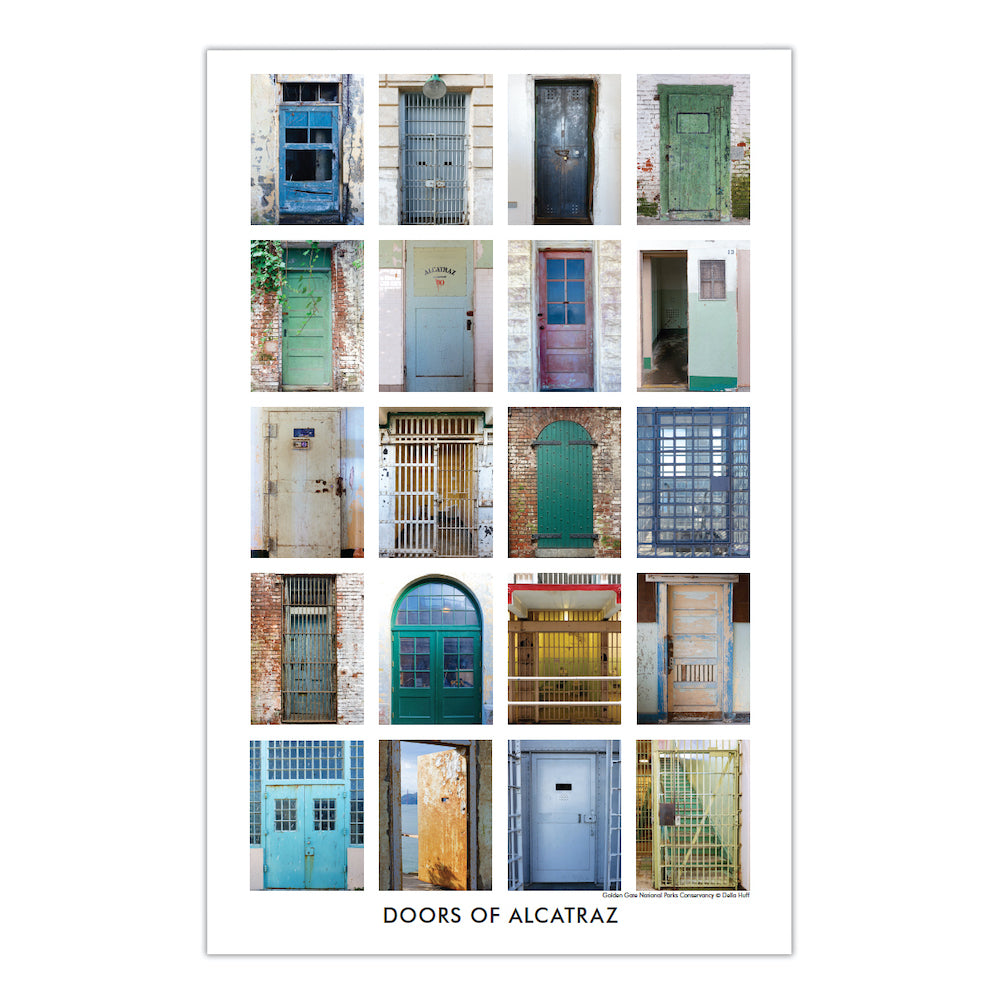 11 x 17 art print showcasing a grid of historical doors from Alcatraz Island, San Francisco, California.