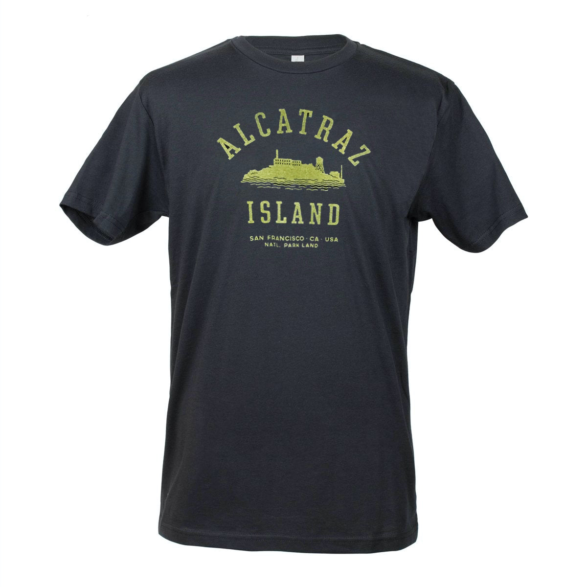 Black crew neck t-shirt with yellow screen-printed Alcatraz Island illustration on chest. Design depicts silhouette of Alcatraz Island with text reading “Alcatraz Island San Francisco CA USA Nat’l Parkland”.
