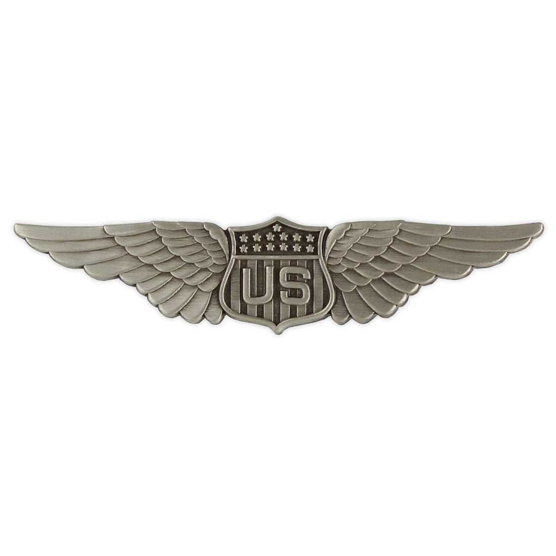 Replica pilot's insignia wings pin from the Presidio of San Francisco, stamped brass with antique finish.