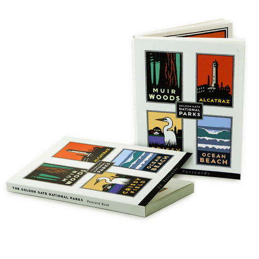 Golden Gate National Parks postcard book, white with colorful illustrations of park sites on cover. Art by Michael Schwab.