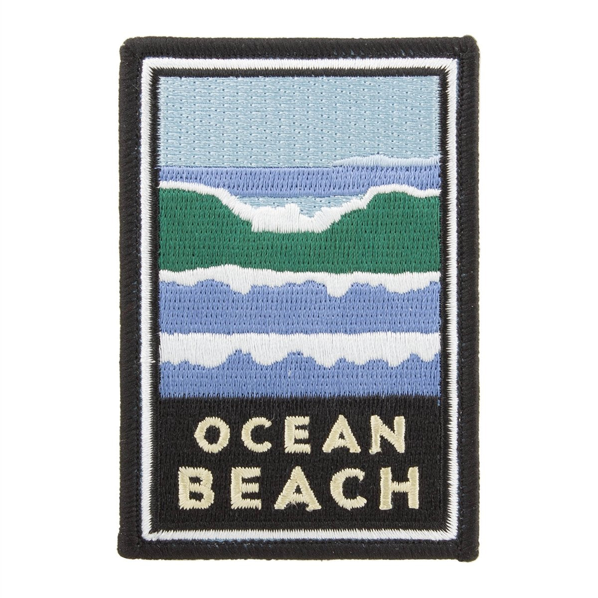 Multicolor embroidered patch featuring San Francisco Ocean Beach design, based on artwork by Michael Schwab.