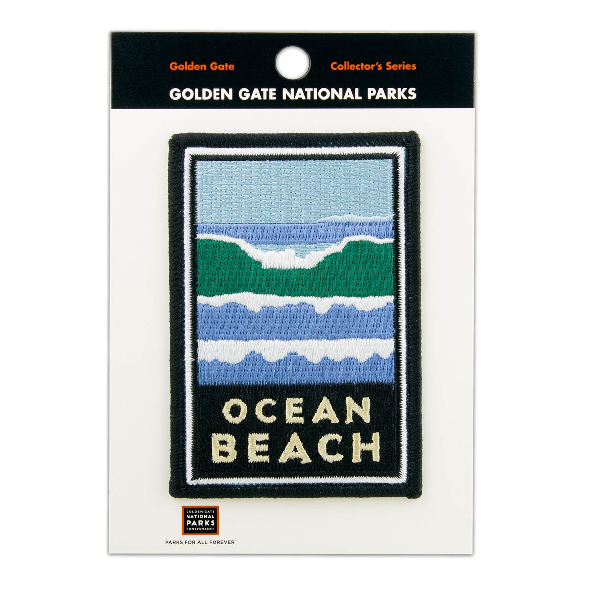 Multicolor embroidered patch featuring San Francisco Ocean Beach design, based on artwork by Michael Schwab.