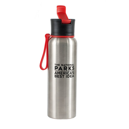 750 ml. stainless steel water bottle with red silicone strap and flip top, Muir Woods logo. Artwork by Michael Schwab.