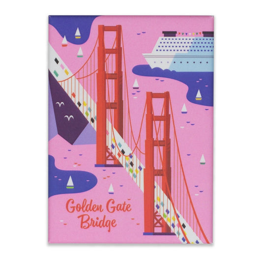 Colorful Golden Gate Bridge souvenir magnet, featuring illustrations of San Francisco's famous span and ships in the bay.