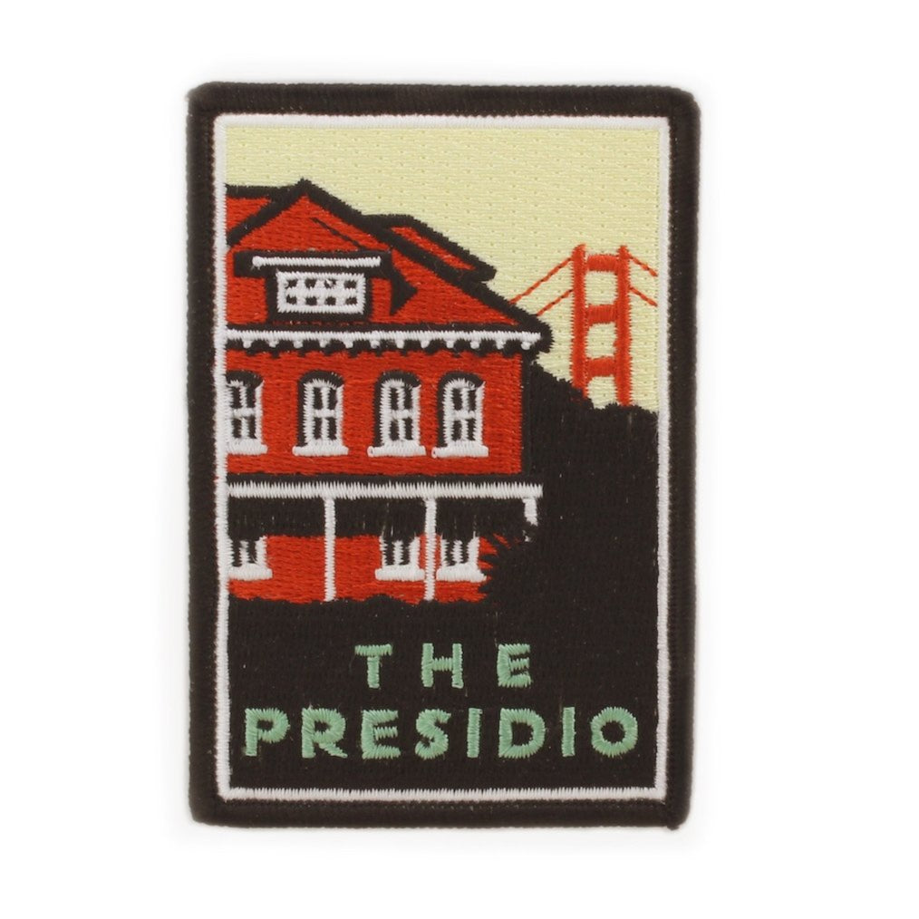 Multicolor embroidered patch featuring design of The Presidio of San Francisco, based on artwork by Michael Schwab.