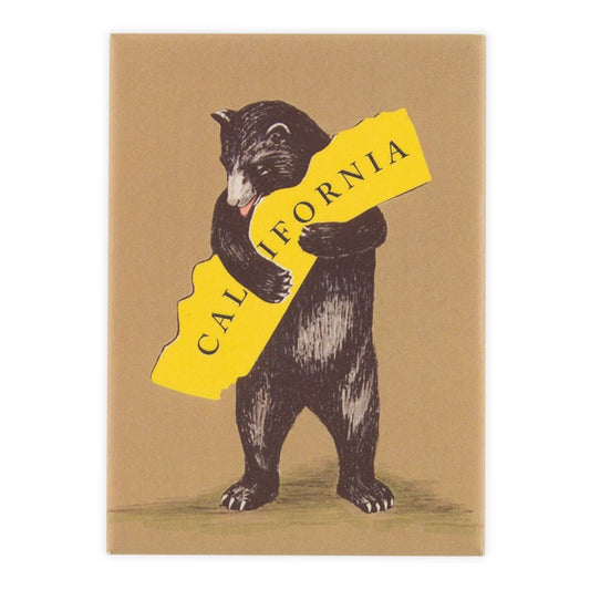 California Bear Hug souvenir magnet, featuring historical illustration of California grizzly bear hugging state.