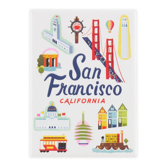 San Francisco souvenir magnet, featuring vintage-inspired illustrations of famous landmarks like the Golden Gate Bridge.