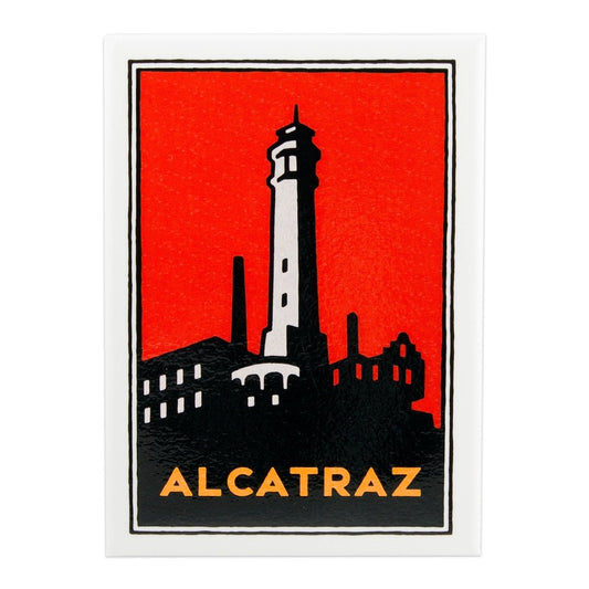 Colorful Alcatraz souvenir magnet, featuring artwork by Michael Schwab.