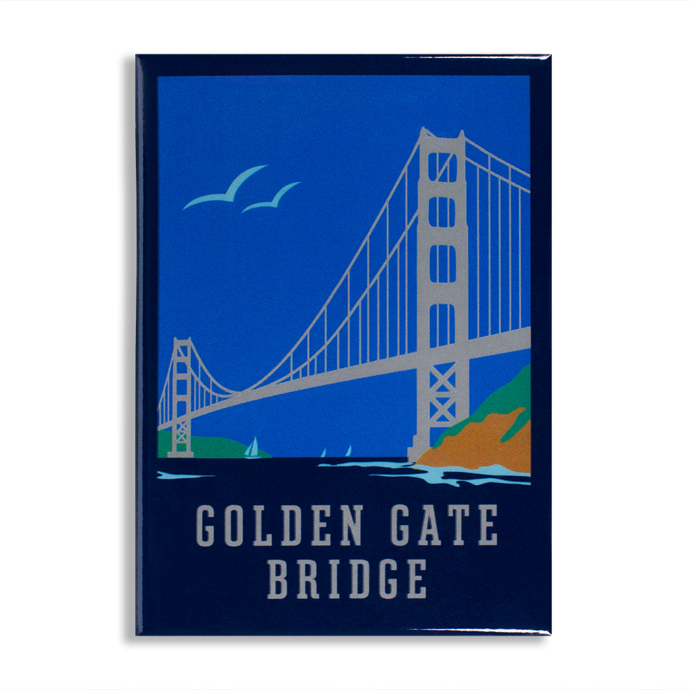Multicolor rectangular Golden Gate Bridge magnet with blue-toned illustration of the bridge, bay, and birds