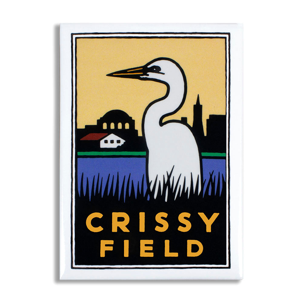 Multicolor rectangular magnet featuring image of Crissy Field heron, art by Michael Schwab