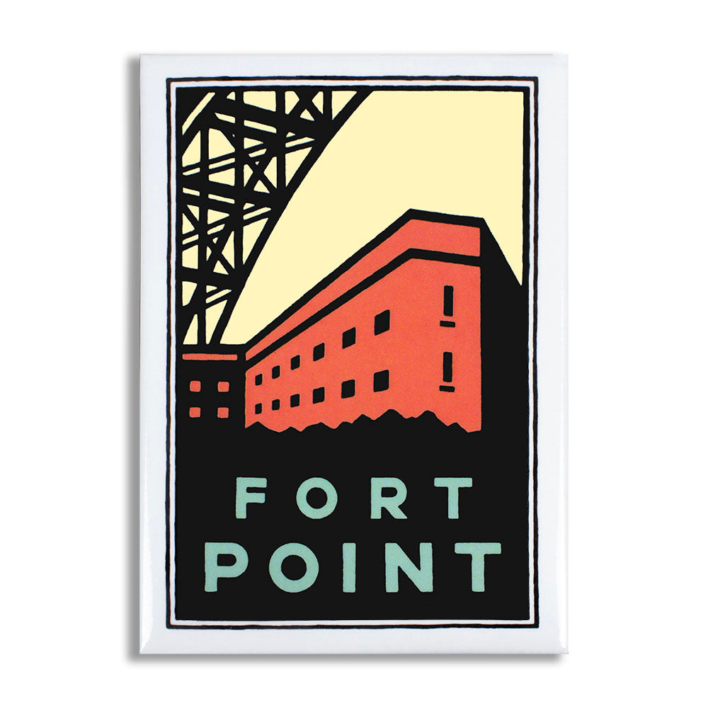 Multicolor rectangular magnet featuring Fort Point illustration by Michael Schwab
