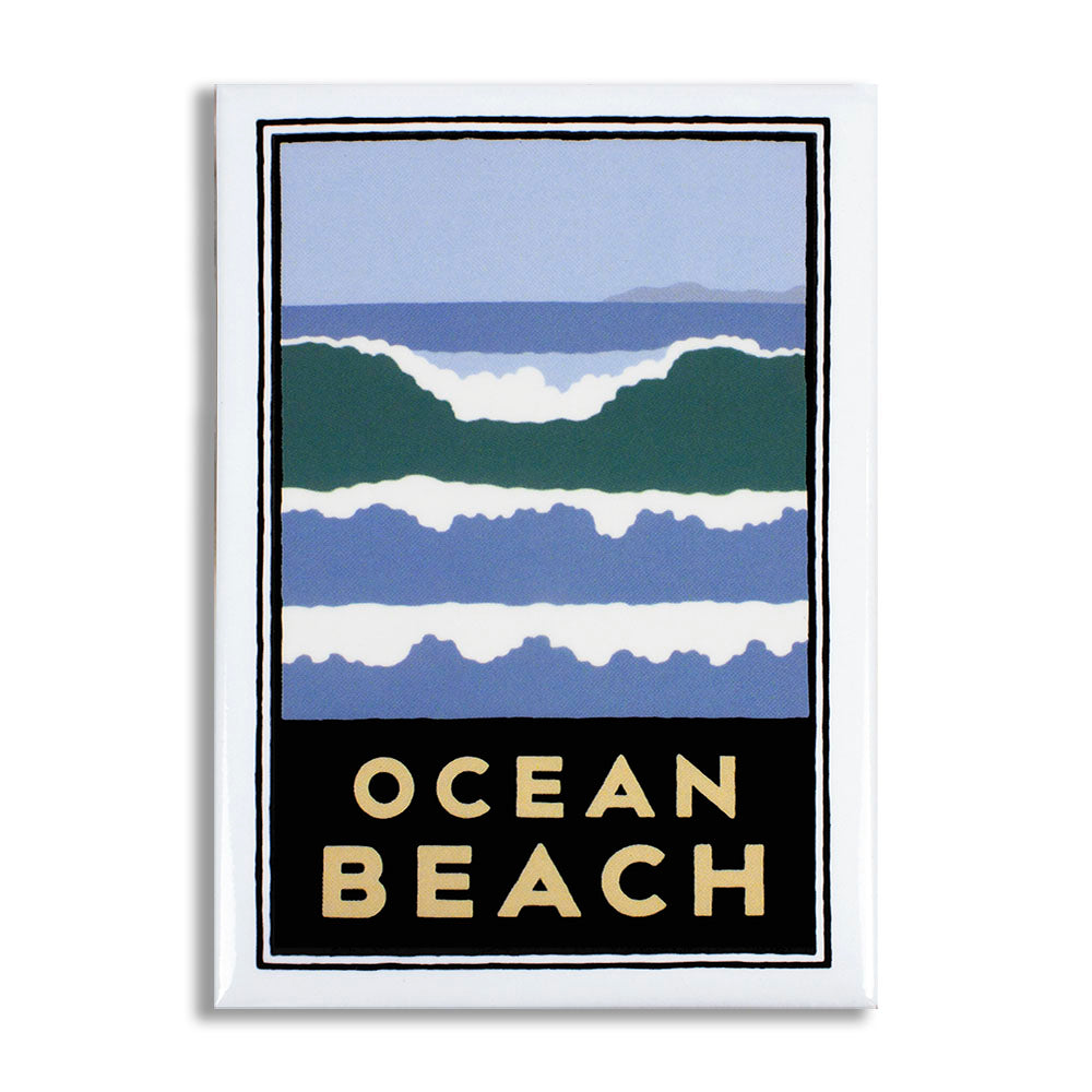 Multicolor rectangular magnet, featuring Ocean Beach artwork by Michael Schwab