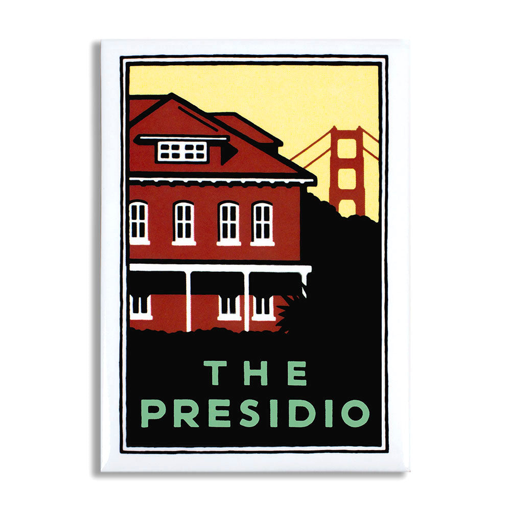 Multicolor rectangular Presidio of San Francisco magnet, with art by Michael Schwab