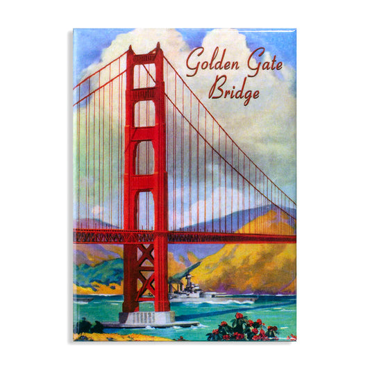 Colorful rectangular magnet with vintage inspired illustration of the Golden Gate Bridge on a sunny day, with a ship underneath