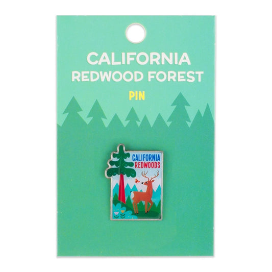 Colorful California Redwood Forest lapel pin, featuring whimsical illustrations of forest plants and animals.