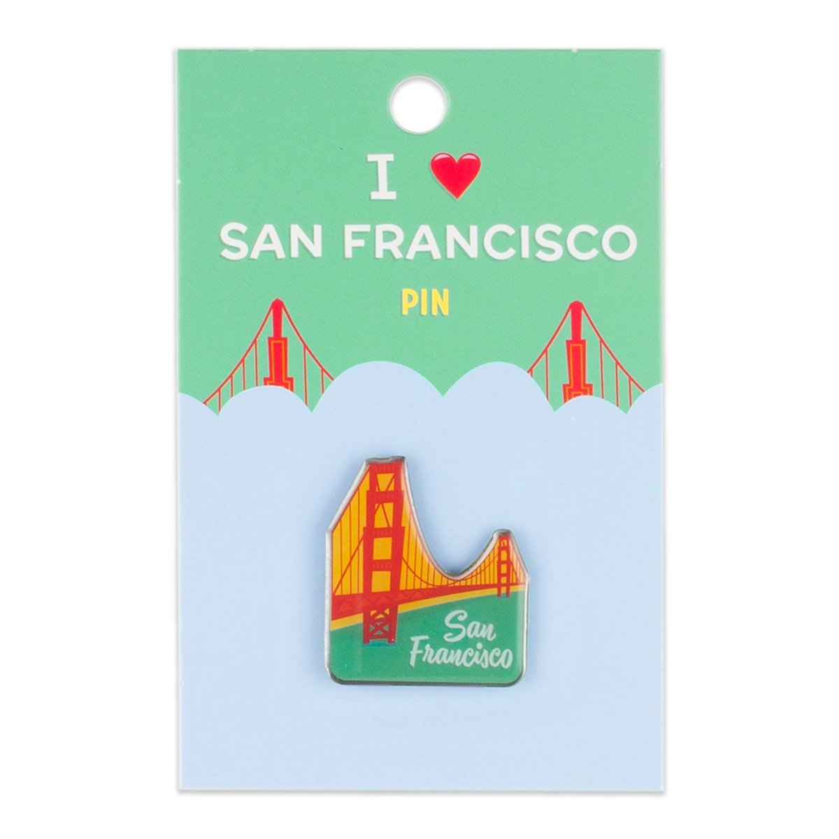 I Heart San Francisco Golden Gate Bridge pin, featuring vintage-inspired teal, yellow, and orange illustration of bridge.