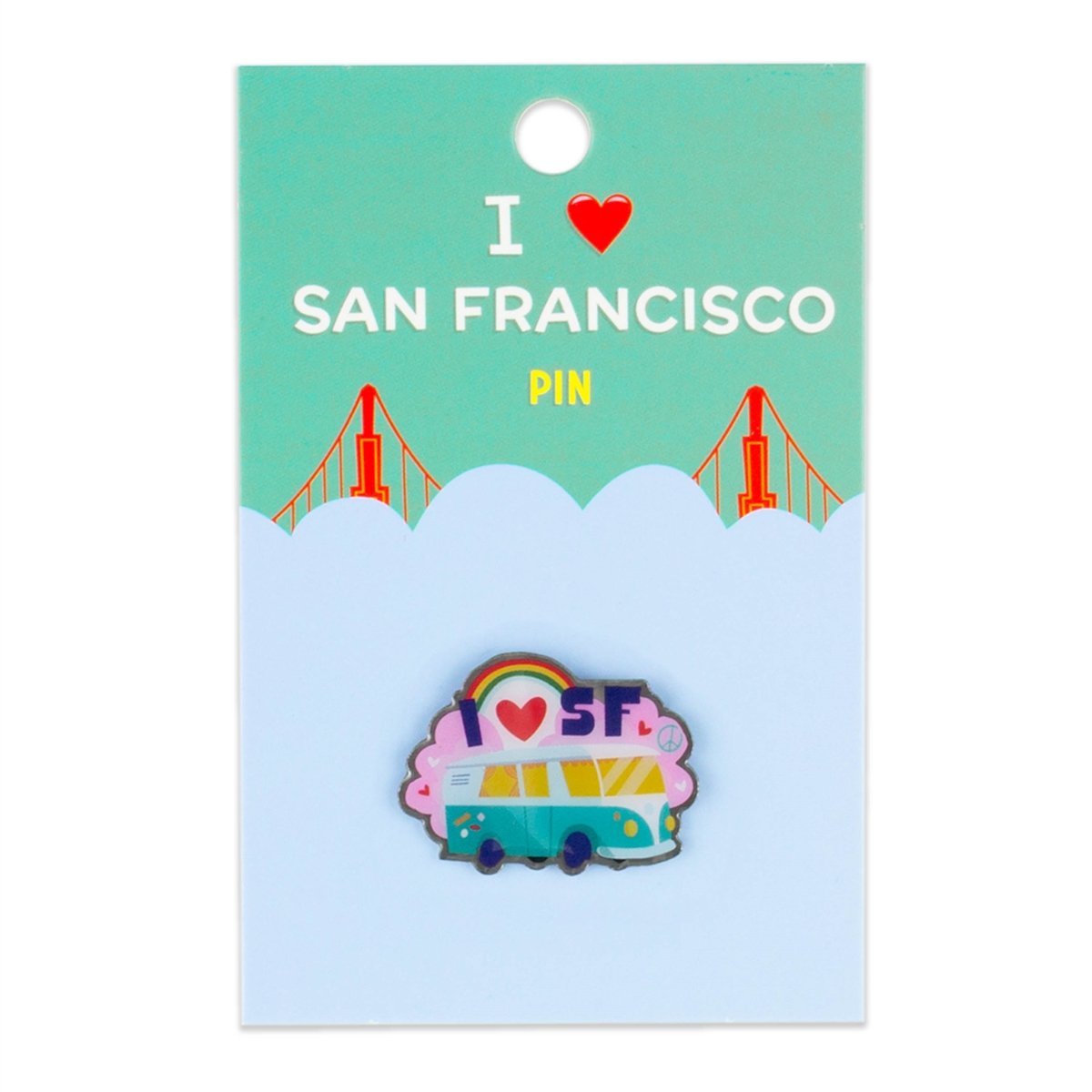 I Heart San Francisco "Groovy" pin, featuring colorful vintage-inspired illustration of VW van and rainbow.