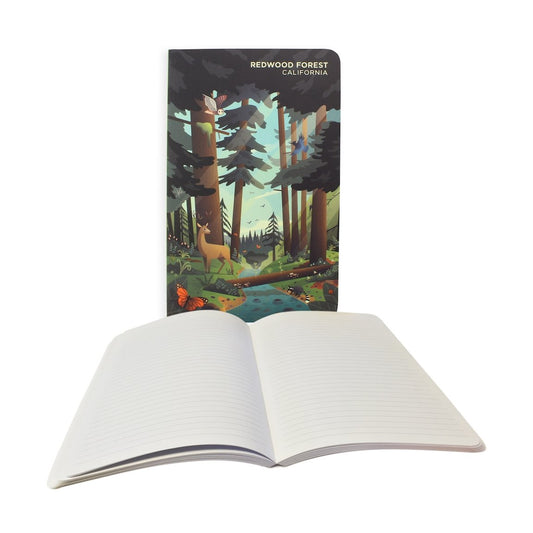 Narrow-rule lined journal featuring whimsical illustration of California redwood forest plants and animals on cover.