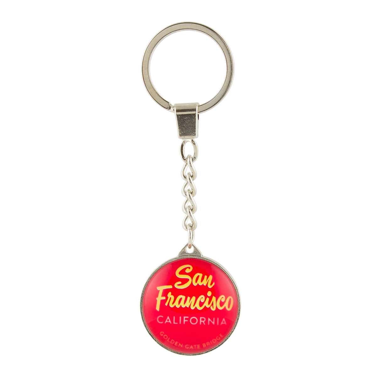 Colorful crystal keychain with text "San Francisco California Golden Gate Bridge" in yellow and white on bright red background.