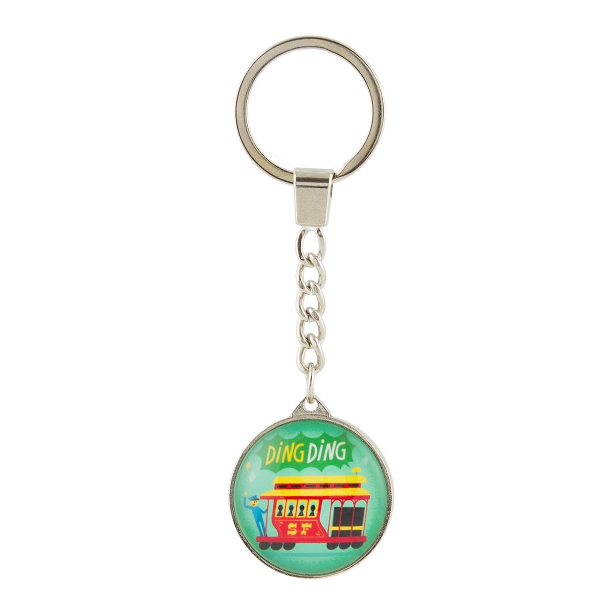 Colorful crystal keychain with vintage-inspired illustrations of San Francisco cable car with text "Ding Ding."