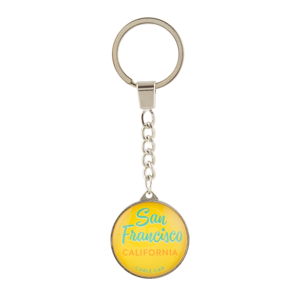 Colorful crystal keychain with text "San Francisco California Cable Car" in teal green and orange on yellow background.