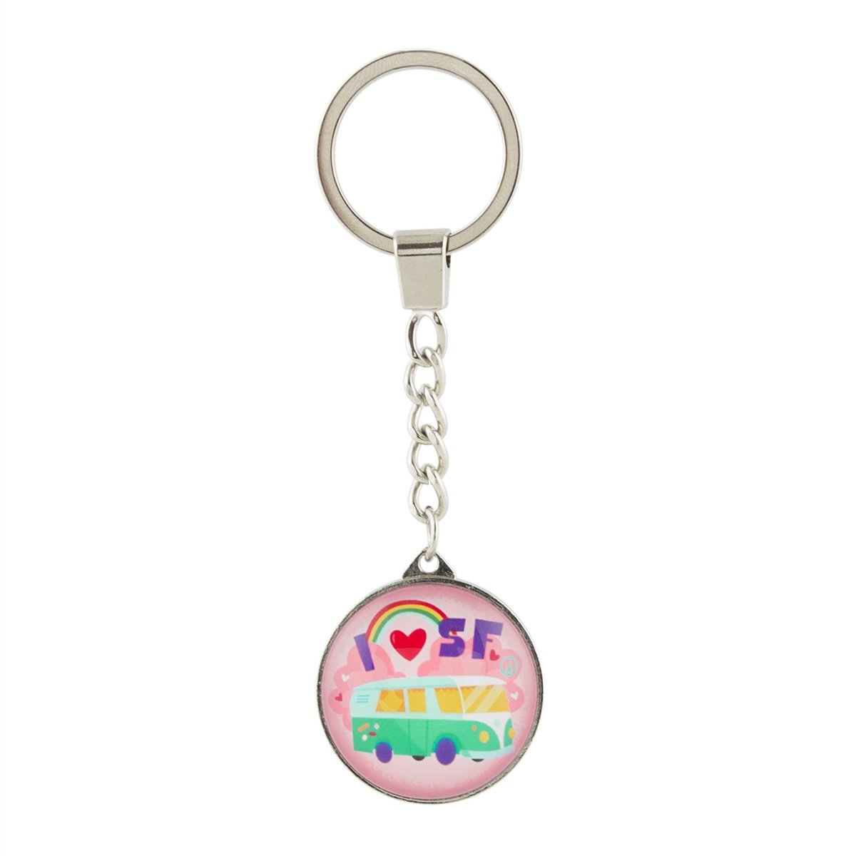 Whimsical I Heart San Francisco crystal keychain with vintage-inspired illustrations of VW van and rainbow.
