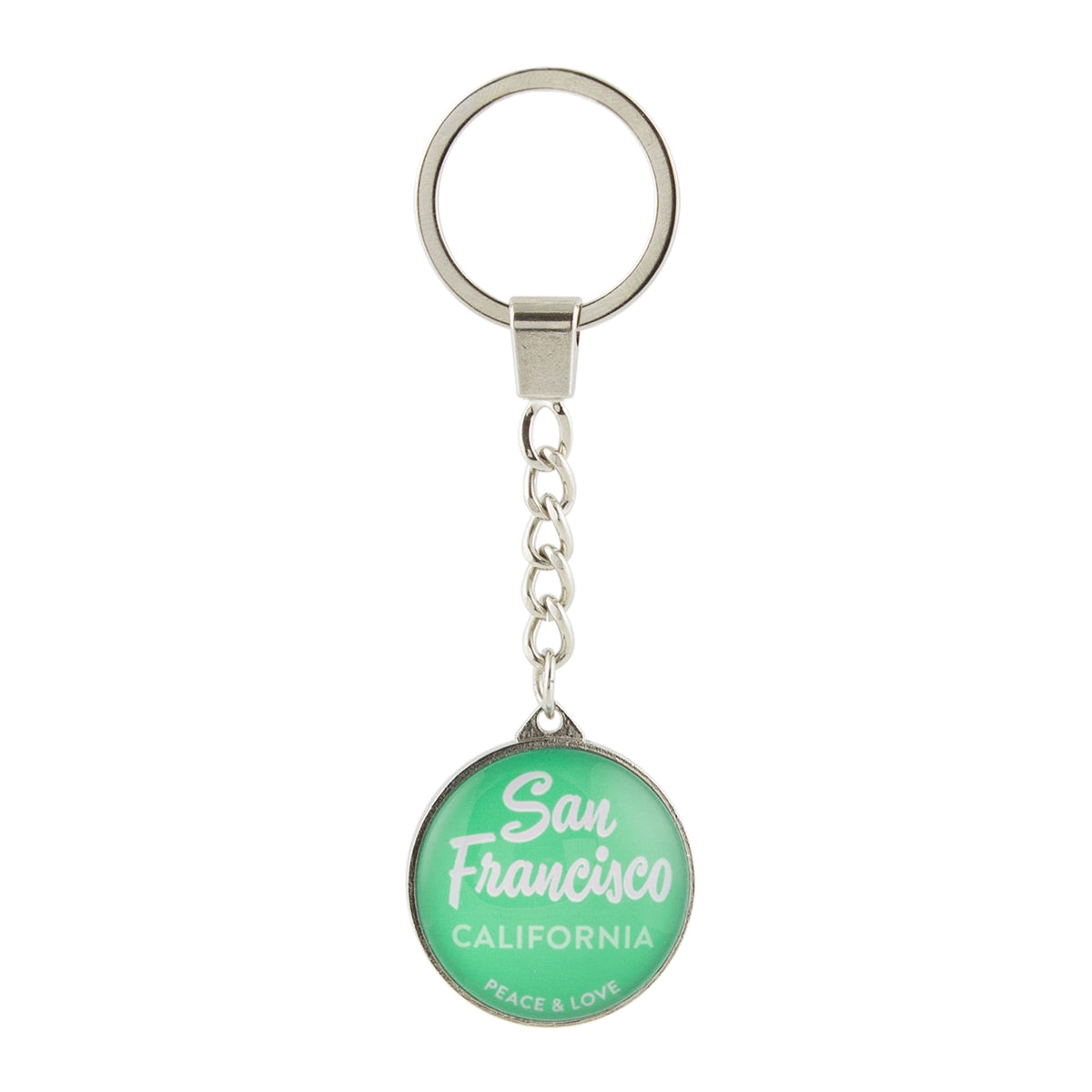 Souvenir crystal keychain with text "San Francisco California Peace & Love" in white on teal green background.
