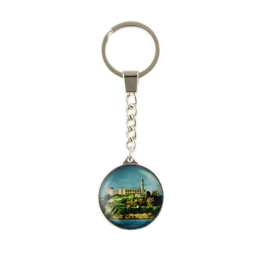 Colorful Alcatraz souvenir crystal keychain with photograph of the island.