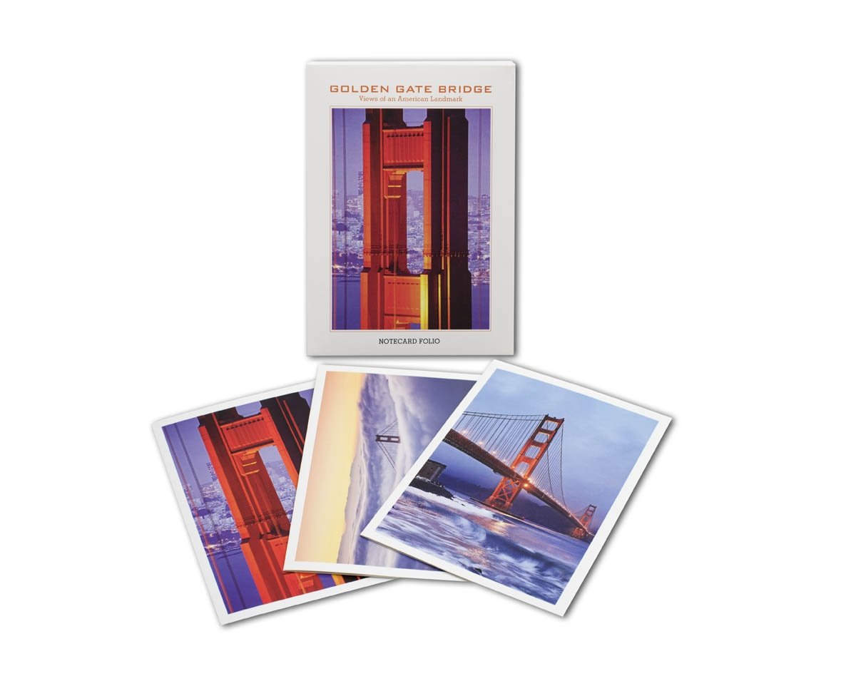 Notecard folio entitled "Golden Gate Bridge Views of an American Landmark," featuring colorful photographic prints of the Golden Gate Bridge.