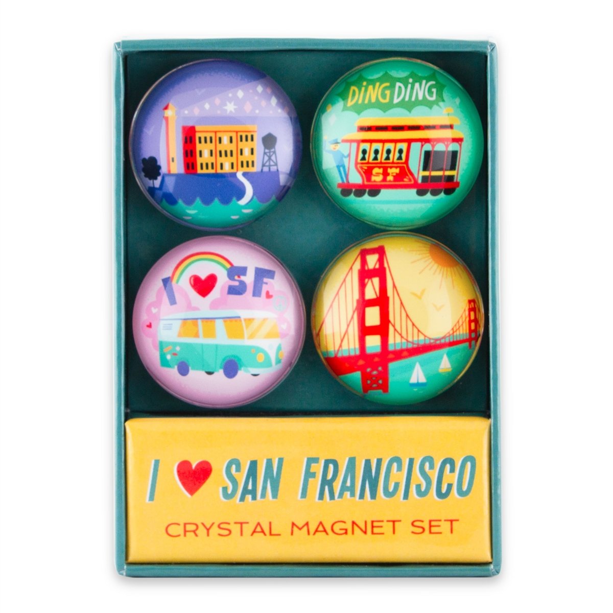Set of 4 whimsical I Heart San Francisco crystal magnets: Golden Gate Bridge, cable car, Alcatraz, and "groovy" VW van.